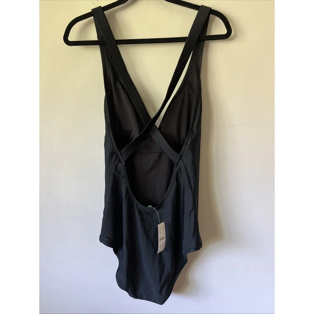 New J.Crew Women Black High Support Cross Back One Piece Swimsuit 10 Deep V-neck